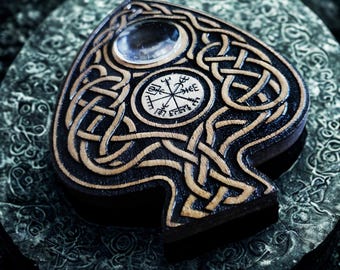 Authentic Ouija in Celtic & Viking style, Esoteric wood engraving with real glass magnifying glass, Ouija board accessory