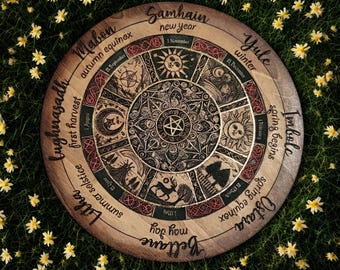 Wicca - Wiccan Wheel of the Year Engraved in Wood - Sacred Tool for the Sabbats - cycle of the seasons in the Pagan and Wiccan tradition.