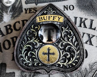 Ouija, "Buffy the Vampire Slayer" Pointer Mystical Object Engraved on Wood with Authentic Glass Magnifying Glass. Buffy the Vampire Slayer Board