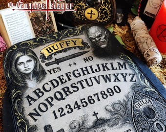 Ouija Prestige on the theme of "Buffy the Vampire Slayer", esotericism, vintage style wooden ouija, divinatory object, pop culture.