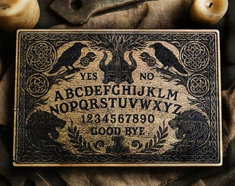 Authentic "CELTIC VIKING" Ouija board with magnifying glass pointer. Elegant Ouija board engraved on wood. Divination and Spiritism.