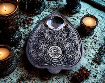 Engraved Wooden Ouija Pointer - Unique and Mystical Spiritual Accessory, Authentic Glass Magnifying Glass to Read Your Messages from the Beyond