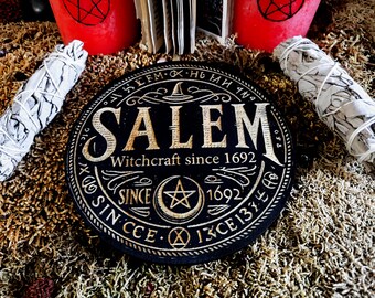 Esotericism and Witchcraft, Salem Plaque engraved on Wood, Mystical Object for Esoteric Altar, Spells and Rituals.