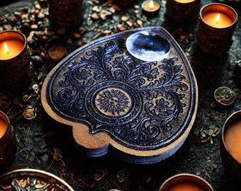 Engraved Wooden Ouija Board with Authentic Glass Magnifying Glass - Esoteric Accessory for Divination and Spiritism. Gothic Decor