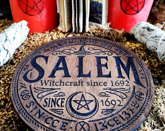 Esotericism & Mystical Altar, Sacred Altar SALEM, the Cradle of Witches with the date of the famous Salem Witch Trials engraved on Wood